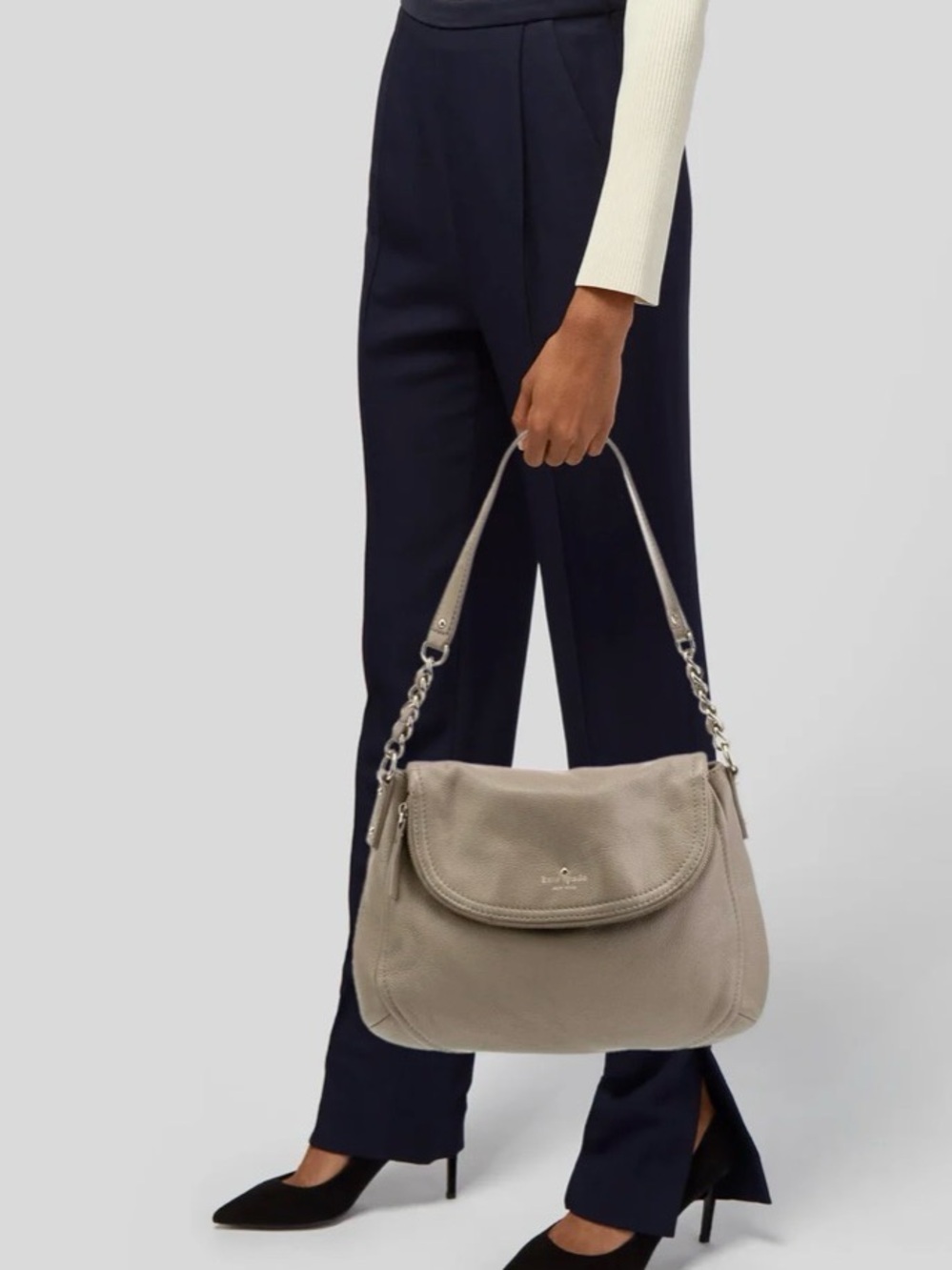 Kate Spade Pebbled Taupe Shoulder Hobo with Chain-Accent Strap